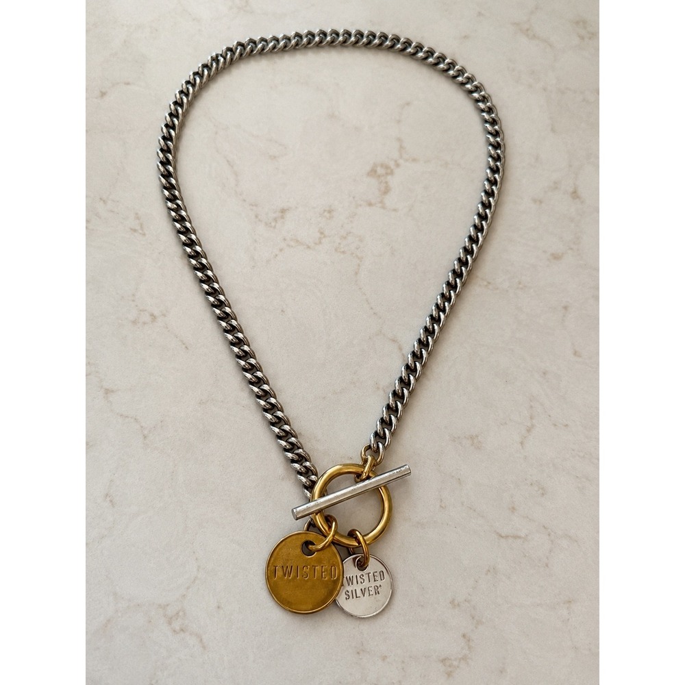 Twisted Silver "Capture" Chunky Toggle Necklace Mixed Metal Curb Chain 18"